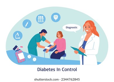 Composición de la diabetes con caracteres de doodle de especialista médico y paciente con íconos de suministros médicos ilustración vectorial