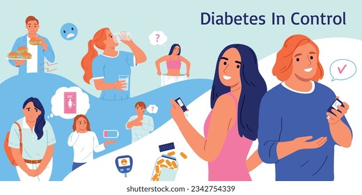Composición de la diabetes con texto editable y caracteres humanos de pacientes con burbujas de pensamiento e iconos dentro de la ilustración del vector