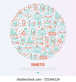 Diabetes concept in circle with thin line icons of symptoms and prevention care. Vector illustration for background of medical survey or report, for banner, web page, print media. 