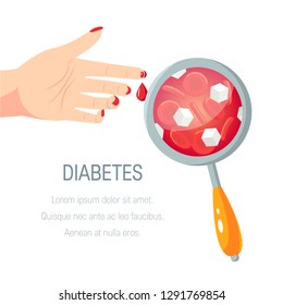 Diabetes Concept. Examination Of Blood With High Glucose Level. Vector Illustration In Flat Style