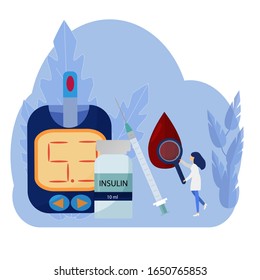 Diabetes concept flat vecror illustration with injection, bottle of insulin. Equipment for self control. Medcine examining