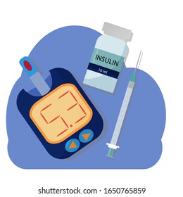 Diabetes-Konzept flache Vektorgrafik mit Injektion, Flasche Insulin. Ausrüstung für die Selbstkontrolle. Medcine-Prüfung
