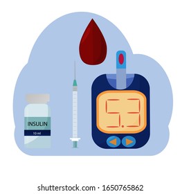 Diabetes concept flat vecror illustration with injection, bottle of insulin. Equipment for self control. Medcine examining