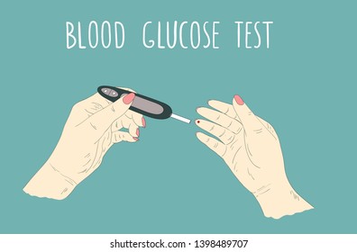 Diabetes concept. Glucose control test. Blood glucose testing. World diabetes day. Hands, glucose meter  vector illustration. Closeup. Diabetic test machine.