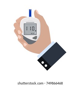 Diabetes Concept - Hand holding Glucometer .Flat design. Blood glucose test