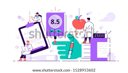 Diabetes concept. High sugar level in blood persons. Illness treatment with insulin injection lifestyle. Problem awareness and checking equipment or diet control therapy. Flat tiny vector illustration