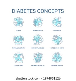 Diabetes concept icons set. Health issues. Disease health issues. Special diet for ill people. Healthy eating idea thin line color illustrations. Vector isolated outline drawings. Editable stroke