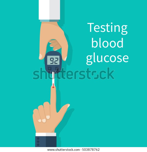 糖尿病のコンセプトは 男性が手に持つ 血糖値を測定するメーターです 血液滴のテストストリップ 自宅での医療診断 ベクターイラスト フラットデザイン のベクター画像素材 ロイヤリティフリー