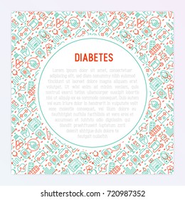 Concepto de diabetes con íconos delgados de los síntomas y cuidado preventivo. Ilustración vectorial de los antecedentes de la encuesta médica o informe, para banner, página web, medios impresos. 