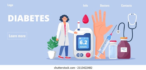Vector de concepto de diabetes para la página de inicio. Glucómetro para el medidor de análisis de glucosa en sangre. El médico trata la hiperglucemia. Laboratorio, píldoras, jeringa de insulina para inyección. Medición del nivel de azúcar. Semana de la diabetes, día