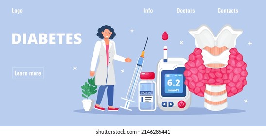 Diabetes concept vector for homepage. Glucometer for blood glucose testing meter and thyroid. Doctor treats hyperglycemia. Lab, pills, insulin syringe for injection.  Diabetes week, day, month.