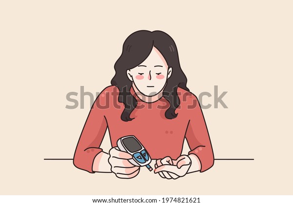 Diabetes control and\
healthcare concept. Young woman cartoon character sitting and using\
digital glaucometer at home with finger for blood state control\
vector illustration 