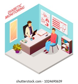 Diabetes control isometric composition with patient on reception at doctor, office interior elements 3d vector illustration  