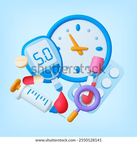 Diabetes control test 3d concept. Pills glucometer syringe, blood drop and clock. Time to medical check up. Diagnosis of sugar levels, vector health elements