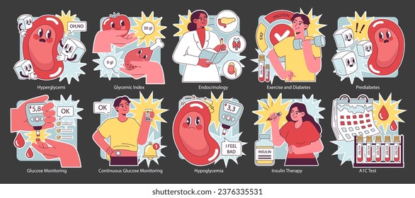 Diabetes oscuro o en modo nocturno. Medición de la sangre del azúcar con glucómetro. Monitorización de la glucosa, índice glicémico. Tratamiento con hiperglucemia o hipoglucemia. Enfermedad del sistema endocrinológico. Ilustración del vector
