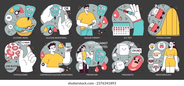 Diabetes dark or night mode set. Measuring sugar blood with glucometer. Glucose monitoring. Hyper or hypo glycemia treatment, insulin therapy. Endocrinology system disease. Vector illustration
