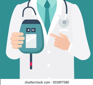 Diabetes day concept. Close-up of a male doctor with lab coat in his office holding a blood glucose meter. Vector illustration