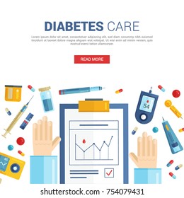 Diabetes Day concept. Vector illustration of a concept for diabetes day with a glucometer, lancets, needles, a doctor's appointment. Template for background, banner for the day of diabetes.