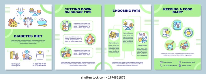 Diabetes diet brochure template. Cutting down on sugar tips. Flyer, booklet, leaflet print, cover design with linear icons. Vector layouts for presentation, annual reports, advertisement pages