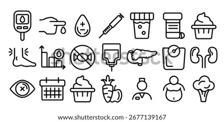 Diabetes, Disease Diagnostics Linear Vector Icons Set. Diabetes, Mellitus Thin Line Contour Symbols Pack. Illness Treatment Pictograms Collection. Blood Sugar Measurement Tools Outline Illustrations