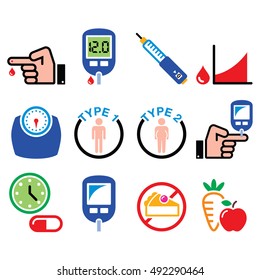 Diabetes disease, health, medical icons set 