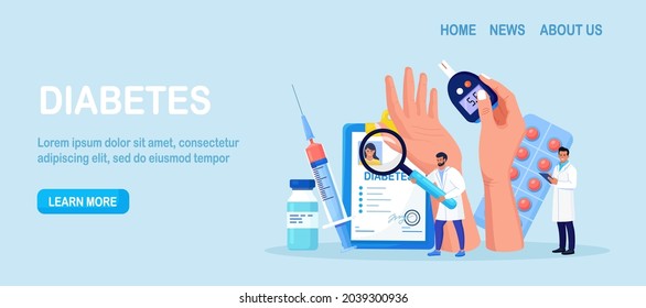 Diabetes. Doctors testing blood for glucose, using glucometer for hypoglycemia or hyperglycemia diagnosis. Laboratory equipment, syringe. Physician measuring sugar level. World diabetic awareness day