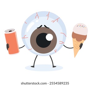 Diabetes eye disease concept character vector illustration. Sad Mascot holding two sugary food isolated on white background