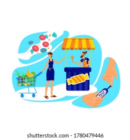 Ilustración vectorial de concepto plano de diabetes. Tratamiento de enfermedades crónicas. Prevención de enfermedades. Una dieta equilibrada. Caricatura 2D para mujer diabética para diseño web. Idea creativa de la atención de la salud