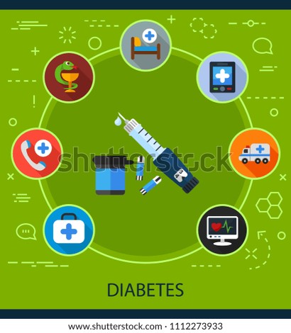 Diabetes flat icons concept. Vector illustration. Element template for design.