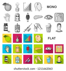 Diabetes flat icons in set collection for design. Treatment of diabetes vector symbol stock web illustration.