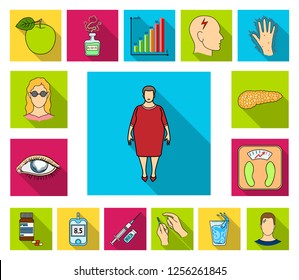 Diabetes flat icons in set collection for design. Treatment of diabetes vector symbol stock web illustration.