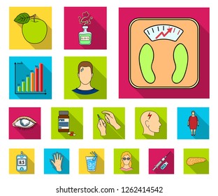 Diabetes flat icons in set collection for design. Treatment of diabetes vector symbol stock web illustration.