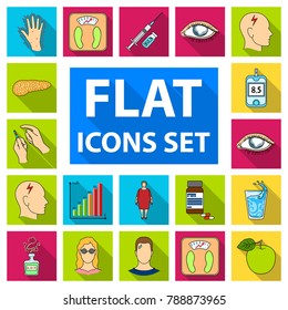 Diabetes flat icons in set collection for design. Treatment of diabetes vector symbol stock web illustration.