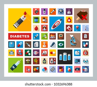 Diabetes flat icons set. Vector illustration.