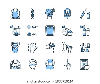 Diabetes Flat Line Icon Set Blue Color. Vector Illustration Diabetes Symptoms And What Is Forbidden For Diabetics To Eat. Editable Strokes.