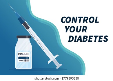 Diabetes elementos vectoriales planos insulina botella y jeringa en estilo caricatura. Cartel sobre el equipo de diabetes. Concepto de atención de la salud, prevención, tratamiento y sensibilización
