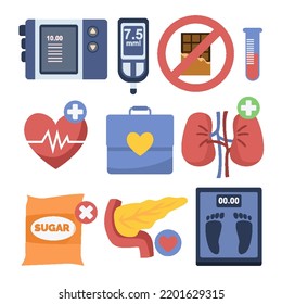 Diabetes Flat Vector Elements Set. Diabetes Equipment Icon Collection. Insuline Pump, Glucometer, Syringe, Pen, Lancet, Test Strips, Insulin, Blood, Sugar, Heart. Concept Of Healthcare Prevention