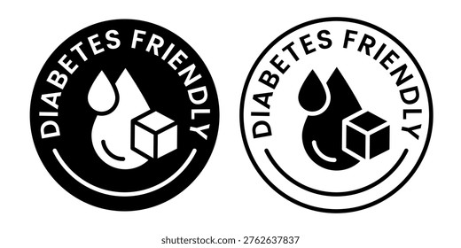 Diabetes friendly icon set. Diabetes friendly logo, label, badge, sticker, symbol, banner, circle, stamp, line, vector, isolated illustration. Diabetes friendly label for product packaging design.