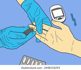 Diabetes. glucose testing. Doctor using lancet pen on white background, closeup