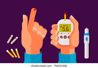 Diabetes, Health Concept. High Blood Sugar. Glucometer, Glucose Meter Cartoon Vector Illustration
