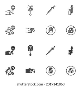 Diabetes Icon Set, Line And Glyph Version, Outline And Filled Vector Sign. Diabetes Mellitus Linear And Full Pictogram. Symbol Logo Illustration. Set Includes Icons - Glucose Blood Sugar Test, Insulin