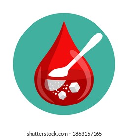 Diabetes Icon - Spoon And Sugar Cube Dissolving Inside Blood Drop - High Glucose Level Sign - Isolated Vector Medical Antidiabetic Symbol