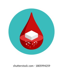 Diabetes Icon - Sugar Cube Dissolving Inside Blood Drop - High Glucose Level Sign - Isolated Vector Medical Antidiabetic Symbol