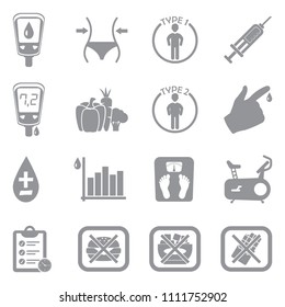 Diabetes Icons. Gray Flat Design. Vector Illustration. 