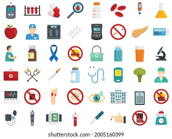 Iconos de diabetes. Conjunto plano de iconos vectoriales de diabetes aislados en fondo blanco