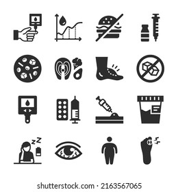 Diabetes Icons Set. Health Status, Care, And Clinical Guidelines For Diabetes. Monochrome Black And White Icon.