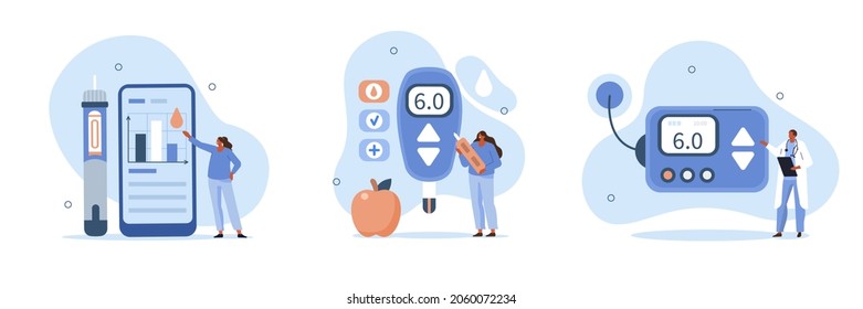 Diabetes illustration set. Doctor and patient check blood sugar level with glucometer and diabetic insulin pump. Character with diabetes receiving treatment against disease. Vector illustration.
