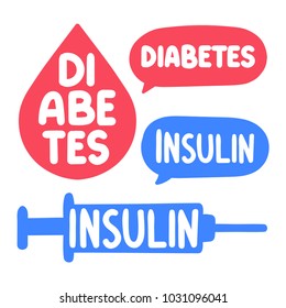Diabetes, insulin. Set of vector hand drawn icons, doodles illustrations on white background.