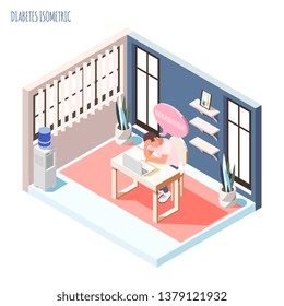 Diabetes isometric composition with young man sitting at desk with laptop and suffering from increased fatigue vector illustration