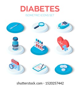 Diabetes - isometric icons set. Blood glucose meter, pills, syringe, insulin vial, calendar, search icon. Diabetes mellitus type 2 and insulin production concept. Vector illustration.